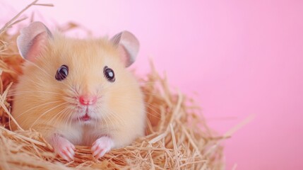 A small hamster sitting in a nest of hay on pink background, AI