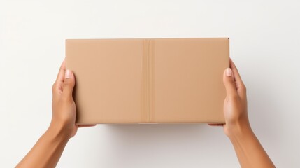 A pair of hands holding a plain brown cardboard box against a white background.