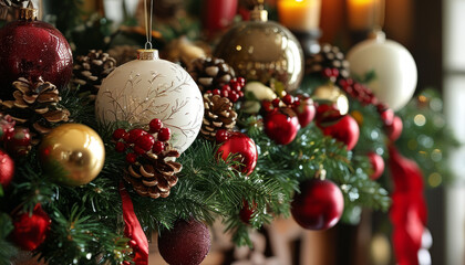 Fototapeta premium Christmas Wreath and Ornaments on Rustic Table. Festive Holiday Decorations with Wreath and Ornaments. Wreath and Holiday Ornaments on Rustic Table Setting.