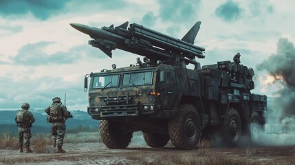 Obraz premium Air defense system with missile fire control post, soldiers defend against airborne threats like drones and missiles. 
