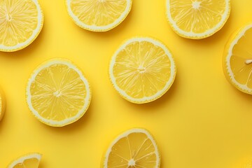 Fototapeta premium Bright Lemon Slices on Yellow Background