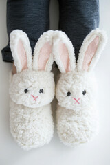 Obraz premium Close-up of a child's feet wearing cozy, white bunny slippers with floppy ears and cute facial expressions.