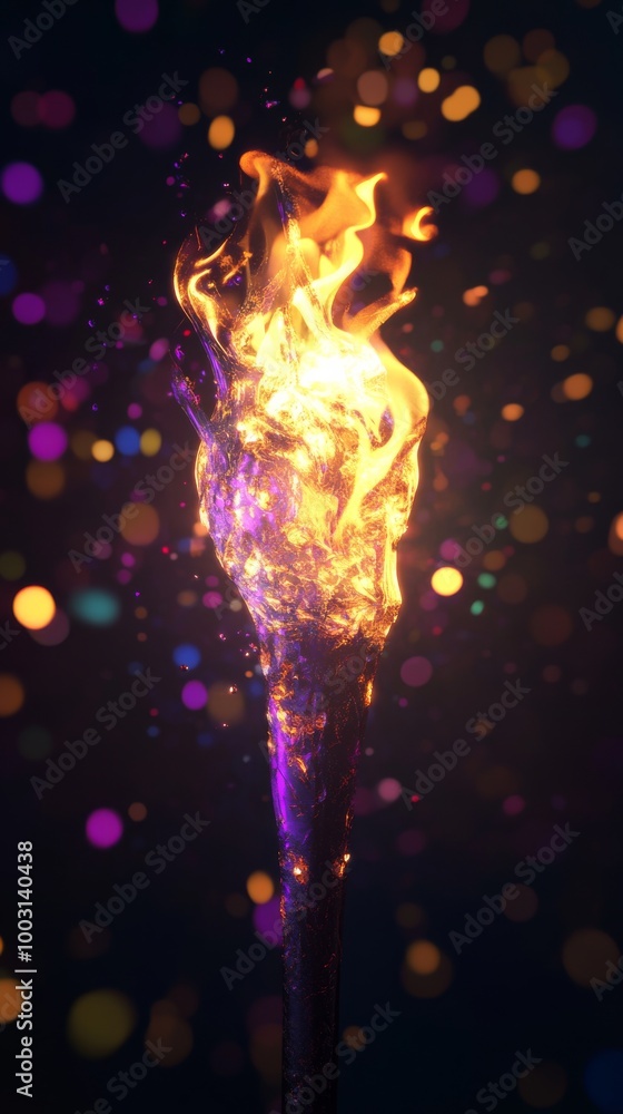 Poster burning torch with colorful bokeh effect