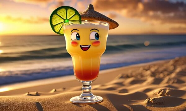 3d margarita cartoon character mascot on the beach at sunset digital art