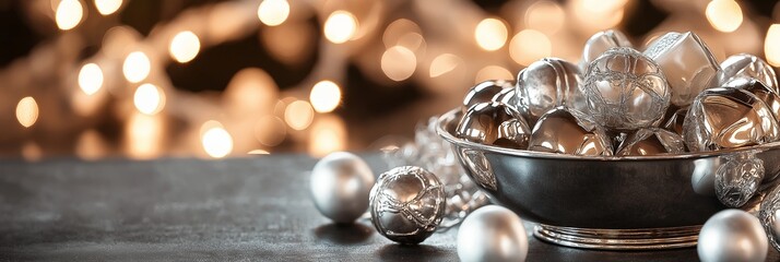 Metallic baubles arranged in a bowl are set against a warm light bokeh background, creating an atmospheric scene.