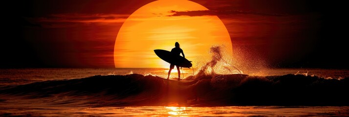 Surfer riding a wave at sunset against a vibrant orange sky on a calm ocean evening