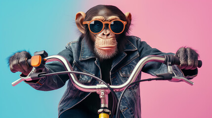 Funny cute monkey drive bike on color background
