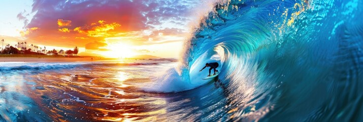 A surfer carves through a vibrant wave at sunset on a California beach