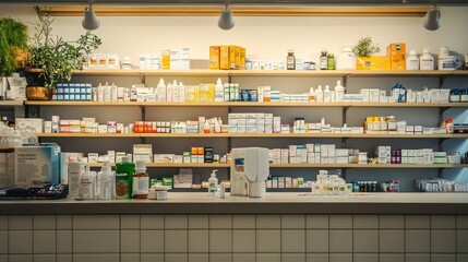 An empty pharmacy counter with various medication boxes and bottles lined up on shelves behind it. The space is well-lit and organized for easy access to products.