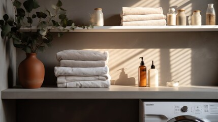 Sleek white laundry room countertop displaying products with washing machine and shelving in view