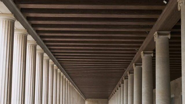 Stoa of Attalos interior in Greek Agora of Athens with marble colonnade near the Acropolis in Athens, Greece. Ancient Greek architecture. Symmetrical pattern of the columns