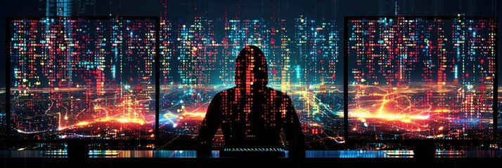 Silhouette of a hacker behind multiple screens displaying digital data in a futuristic cityscape