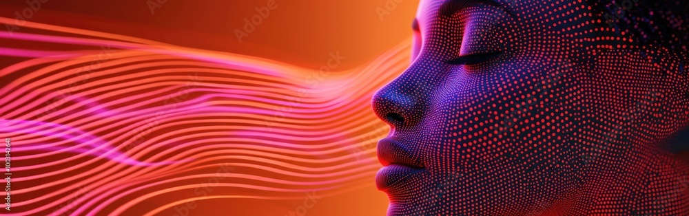 Poster a photorealistic woman set against an abstract tech backdrop with dynamic patterns