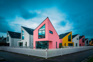 Sky cloudy blue, surrounded by colorful, modern residential buildings.