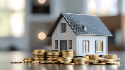 a small model of a house placed on a surface. The house has a grey roof and white walls with several windows. In front of the house, there are stacks of gold coins arranged in piles of varying heights