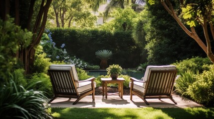 Obraz premium Two cushioned chairs and a table in a lush garden set the scene for a tranquil retreat, offering a perfect spot for relaxation amid greenery and flowers.