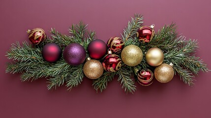 Ornaments and evergreen limbs on a red background