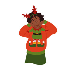 Fototapeta premium Joyful girl making faces in festive ugly sweater. Teen girl in garish Christmas sweater exudes holiday cheer and laughter Vector illustration female character in winter clothes with traditional prints