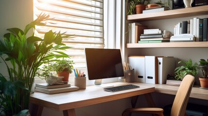 Fototapeta premium A cozy home office bathed in sunlight, featuring a wooden desk, computer, potted plants, and bookshelves creating a serene and productive workspace.