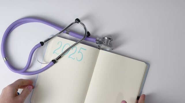 Female doctor writing in notebook goals for 2025 written on page lying on white background next to stethoscope, concept of setting health related goals for future,