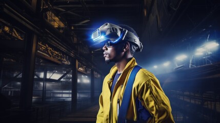 A man in a futuristic headset and yellow jacket stands in an industrial setting, blending technology and innovation in a high-tech workplace.