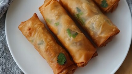 egg rolls,Deep fried Chinese Chives Spring Rolls(Gui Chai) on a white plate.Thai snack food. 