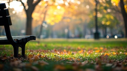 Tranquil Park Bench with Autumn Leaves - Powered by Adobe