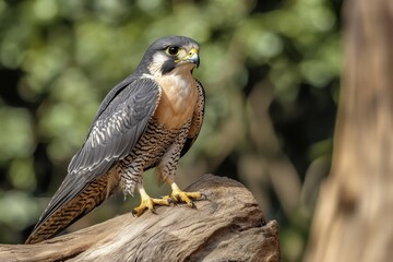 A majestic peregrine falcon perched on a tree stump in a natural setting during the daytime showcasing its striking features and keen gaze