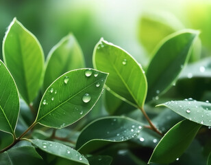 Green Leaves with dew or water drops