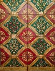 Intricate tile pattern in gold, red, and green.