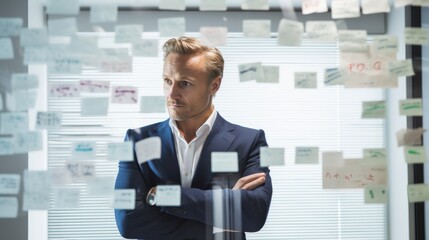 Businessman in a suit looks contemplatively at a glass wall covered with sticky notes, embodying strategic planning and professional focus.