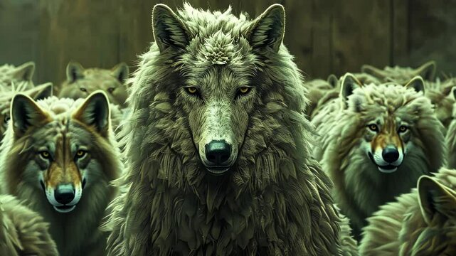 A pack of wolves stands together in a dark, mysterious forest