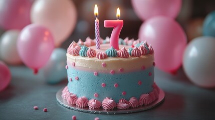 number 7 candle on a seventh year birthday cake celebration with balloons and party decoration as banner 