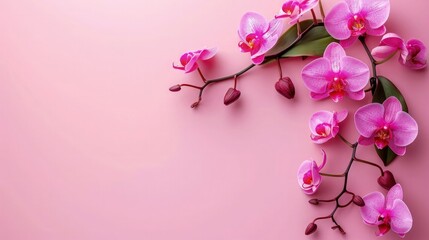 Fototapeta premium Pink Orchid flower on soft color background, romantic feminine composition, wedding invitation concept.