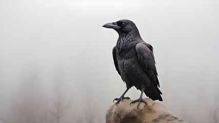 abstract picture of a raven perched on a pale background with gray and white fog
