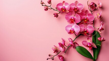 Pink Orchid flower on soft color background, romantic feminine composition, wedding invitation concept.