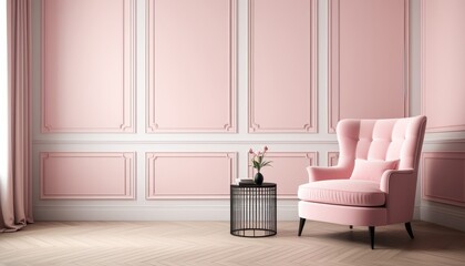 Pink Chair in Studio Interior Against Classic Wall Panels in Minimalist Pastel Design
