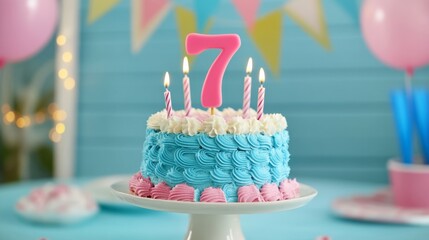 number 7 candle on a seventh year birthday cake celebration with balloons and party decoration as banner 
