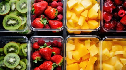 An assortment of fresh, vibrant fruits including kiwi, strawberries, pineapple, and cherries tightly packed in neat containers.