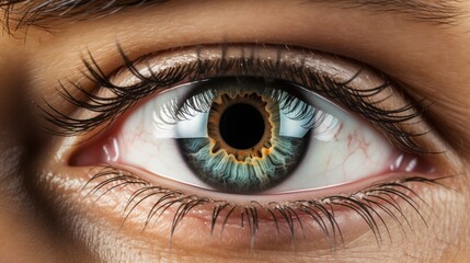 Intricate macro shot of a brown human iris on a dark background revealing detailed corneal texture