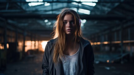 Fototapeta premium A woman stands solemnly in a dimly lit factory, exuding a sense of mystery and solitude; the background showcases an industrial setting.