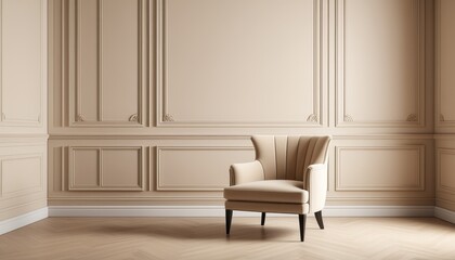 Fototapeta premium Beige Chair in Empty Studio with Classic Wall Panels