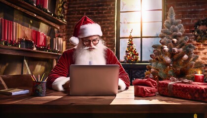 Santa Claus working on the computer, preparing for Christmas. in the  room decorated for Christmas
