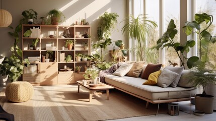 Fototapeta premium A cozy, sunlit living room filled with lush green plants, a comfortable couch with pillows, a wooden shelf with books and decor, creating a serene, natural ambiance.