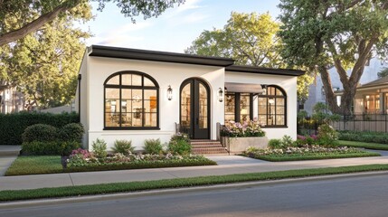 This modern single-story house features a sleek design with large windows and a black roof, complemented by arched doorways and a beautiful garden surrounding it