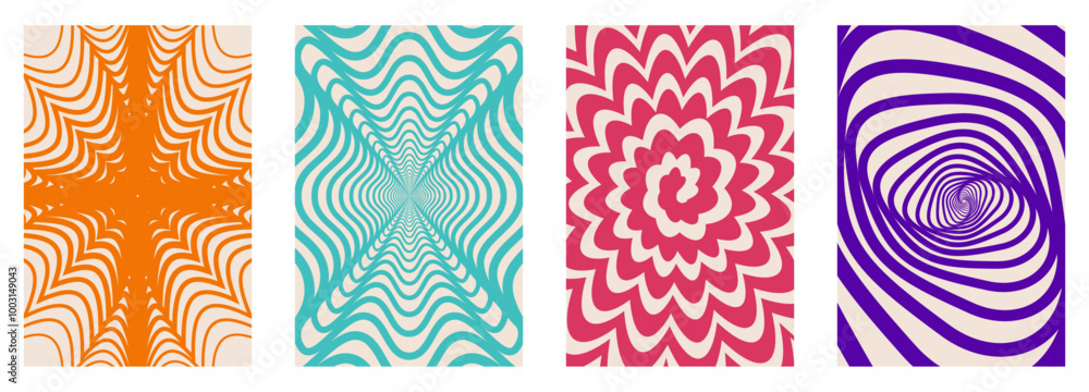 Aufkleber Abstract twisted and distorted texture. Groovy hippie backgrounds set. Wave, swirl, twirl pattern in trendy retro psychedelic style. Y2k aesthetic. Vector illustration