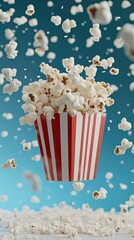 Popcorn cascades from above, filling a red and white striped bucket set against a vibrant blue background, inviting a sense of fun and nostalgia