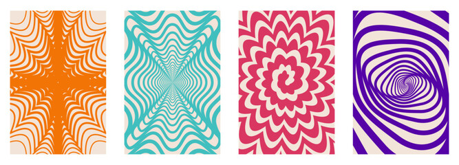 Abstract twisted and distorted texture. Groovy hippie backgrounds set. Wave, swirl, twirl pattern in trendy retro psychedelic style. Y2k aesthetic. Vector illustration