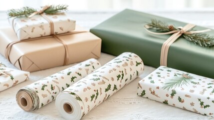 A roll of Christmas-themed wrapping paper sits alongside several beautifully wrapped gifts, all set against a light-colored, decorated background for New Year's Eve