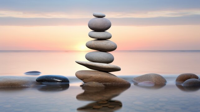 A stack of balanced stones on a calm beach with the sunset in the background, evoking tranquility.